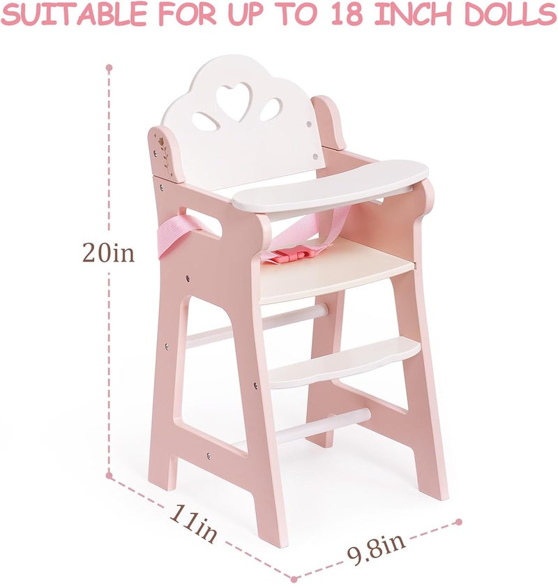 Robotime High Chair for Pretend Play, Wooden Baby Doll Furniture with Safety Belt and Footrest, Fits 18 Inch Dolls, Gift for Ages 3+, White/Pink - Image 2
